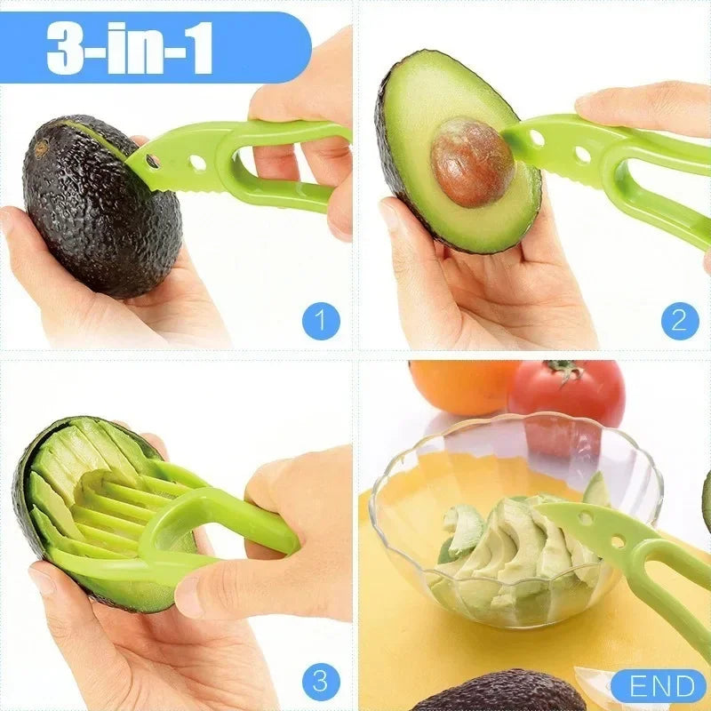 Multi-Purpose Fruit Kitchen Tool - Avocado Slicer, Mango and Kiwi Fruit Pulp Separator, Banana Cutter, Butter Pitaya Peeler, Plastic Fruit Knife - 3 in 1